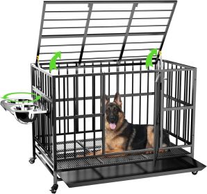 48" Heavy Duty Dog Crate with Wheels/Unique Air Lift Rod / 360° & Adjustable 2 Bowls/Removable Dog Cage